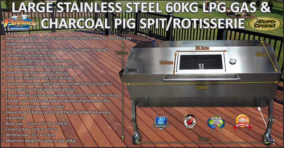 Large Stainless Steel 60kg Lpg Bbq Charcoal Pig Spit